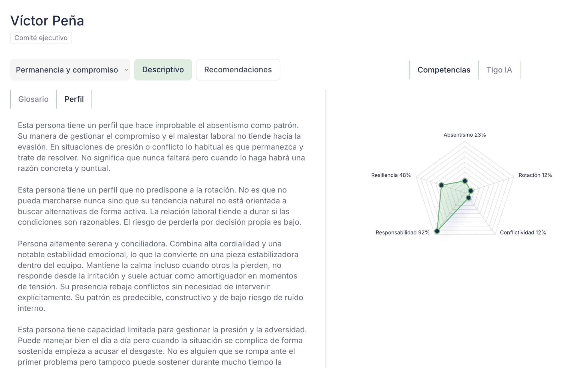 Retention and Engagement report in Smartest: one person's descriptive profile and their five-competency radar.