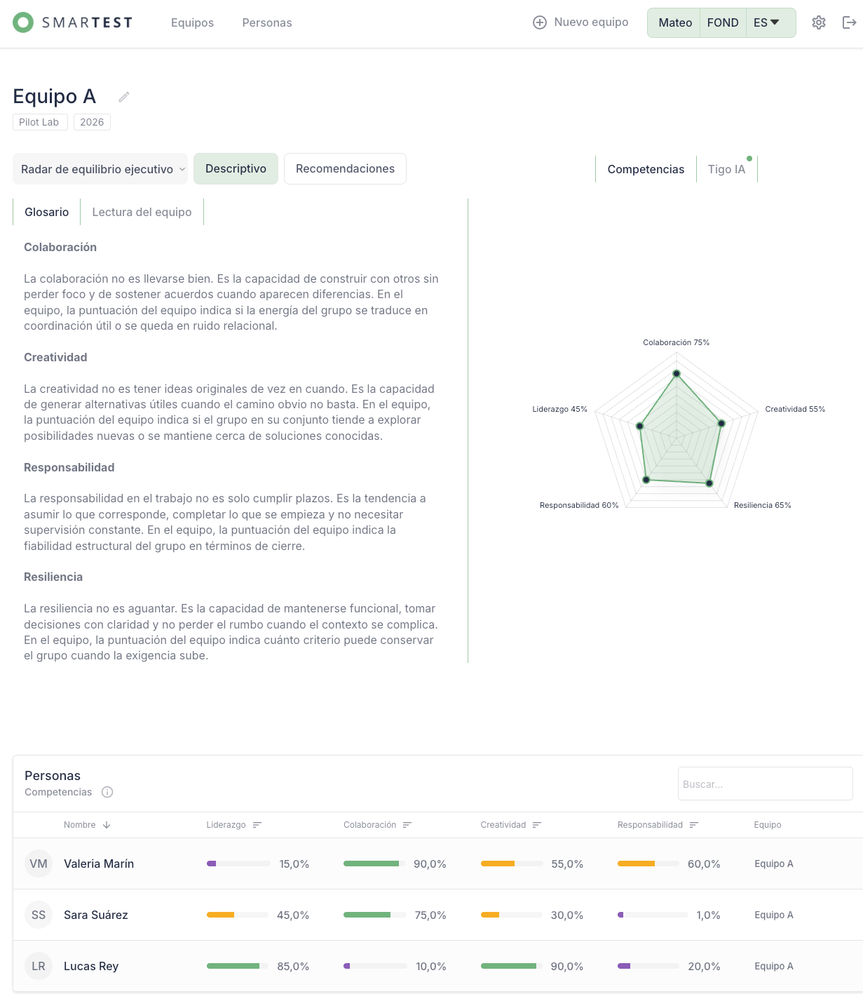 Informe de equipo en Smartest: las definiciones de las competencias, el radar del conjunto y la tabla con la puntuación de cada persona.