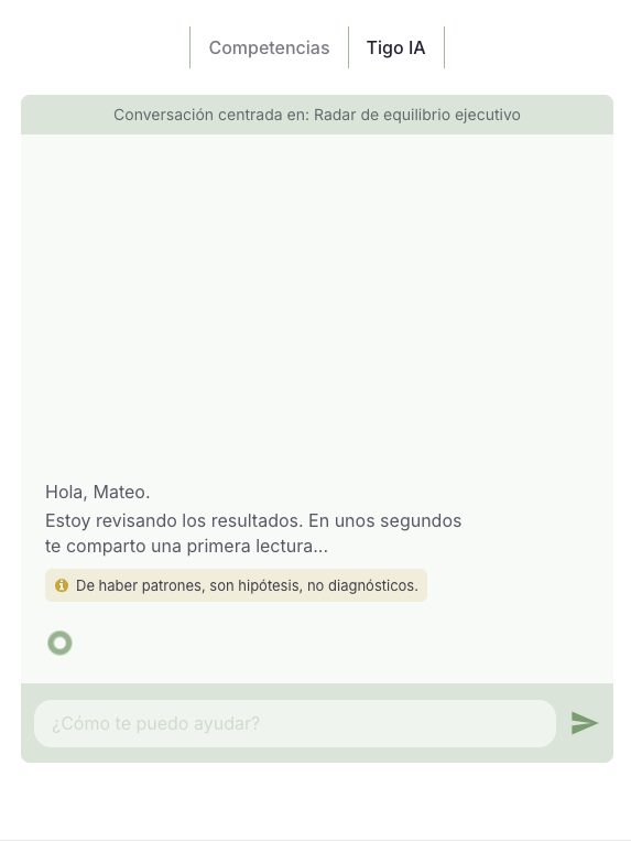 Tigo, al abrir el informe de equipo: «Hola, Mateo. Estoy revisando los resultados. En unos segundos te comparto una primera lectura. De haber patrones, son hipótesis, no diagnósticos.»